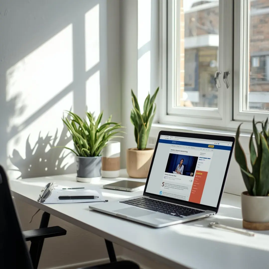 Modern creative workspace with laptop showing online learning interface